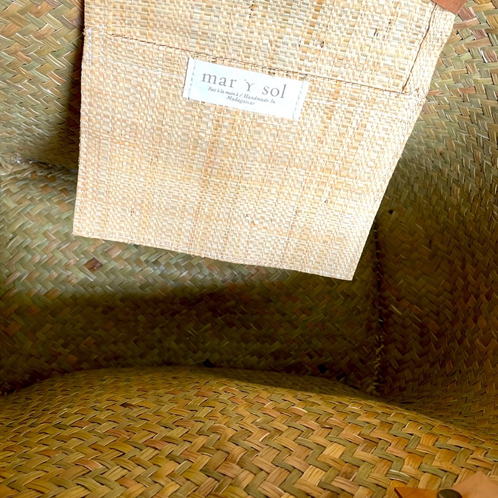 New mar y sol Aqua Tan Striped Woven Sea Grass Leather Handled Tote Beautiful - Picture 4 of 11